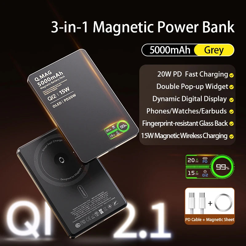 QI Magnetic Powerbank Wireless Fast Charing - Portable 5000/10000mAh Battery Pack for iPhone, Watch & AirPods