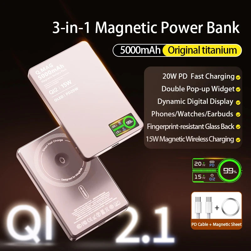 QI Magnetic Powerbank Wireless Fast Charing - Portable 5000/10000mAh Battery Pack for iPhone, Watch & AirPods