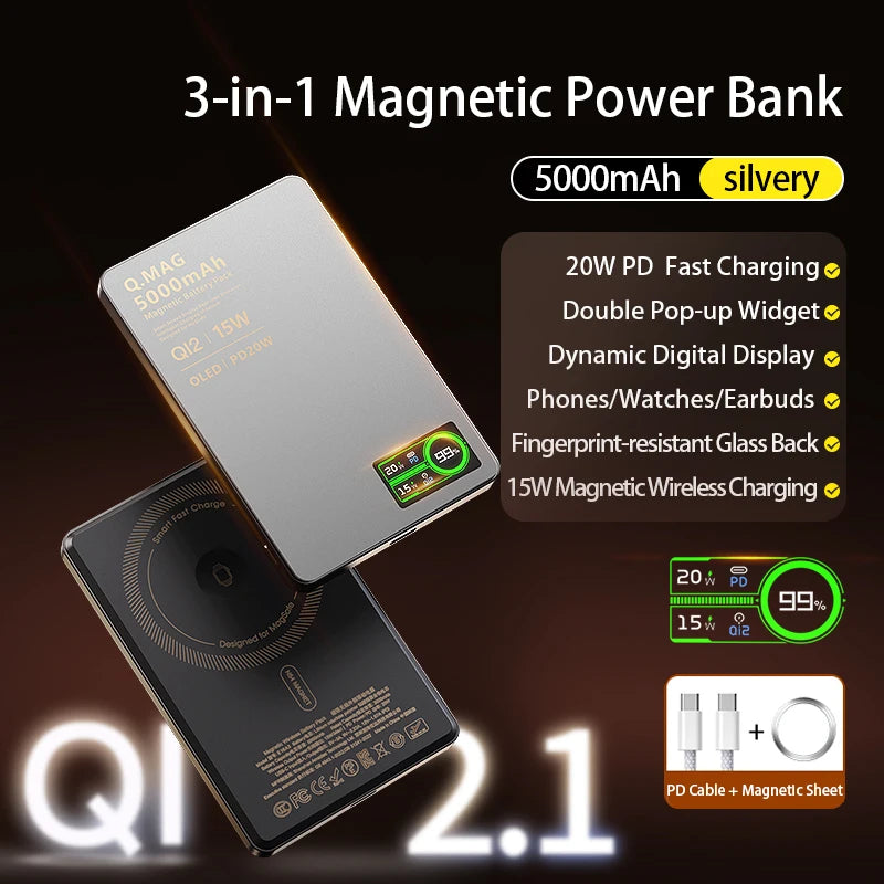 QI Magnetic Powerbank Wireless Fast Charing - Portable 5000/10000mAh Battery Pack for iPhone, Watch & AirPods